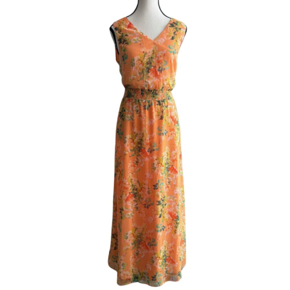 ISAAC MIZRAHI LIVE, BEAUTIFUL ORANGE FLORAL MAXI CHIFFON DRESS, SZ. 8